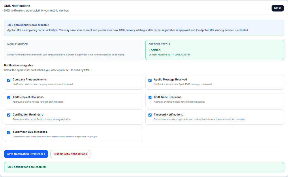 ApolloEMS SMS notifications enabled with recorded consent date and selected categories