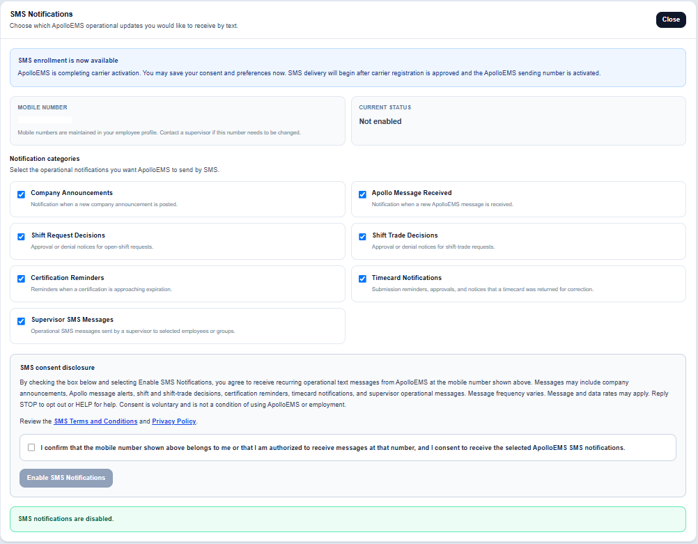 ApolloEMS SMS notification category selection and affirmative opt-in disclosure